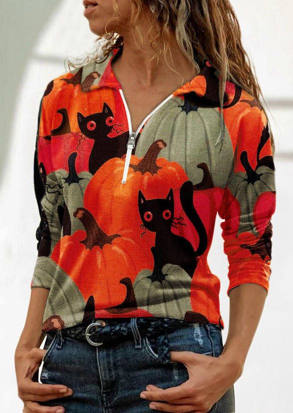 

Halloween Pumpkin Cat Zipper Turn-Down Collar Blouse - Orange, SCM006163