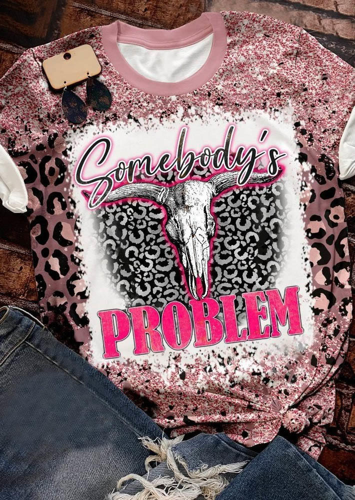 

Somebody' Problem Leopard Steer Skull T-Shirt Tee - Pink, SCM006258