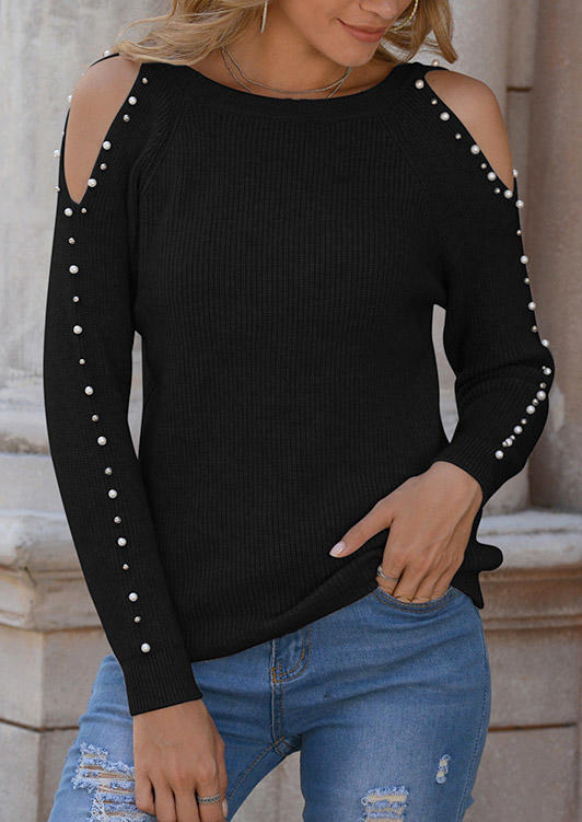

Beading Cold Shoulder Long Sleeve Sweater - Black, SCM006263