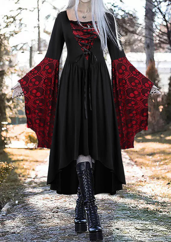 

Halloween Lace Up Skull High Low Hem Maxi Dress - Black, SCM006269