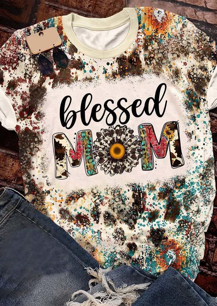 

Blessed Mom Sunflower Cow Bleached T-Shirt Tee, Multicolor, SCM006285