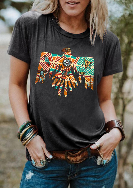 

Thunderbird Steer Skull Dreamcatcher Feather T-Shirt Tee - Gray, SCM006288