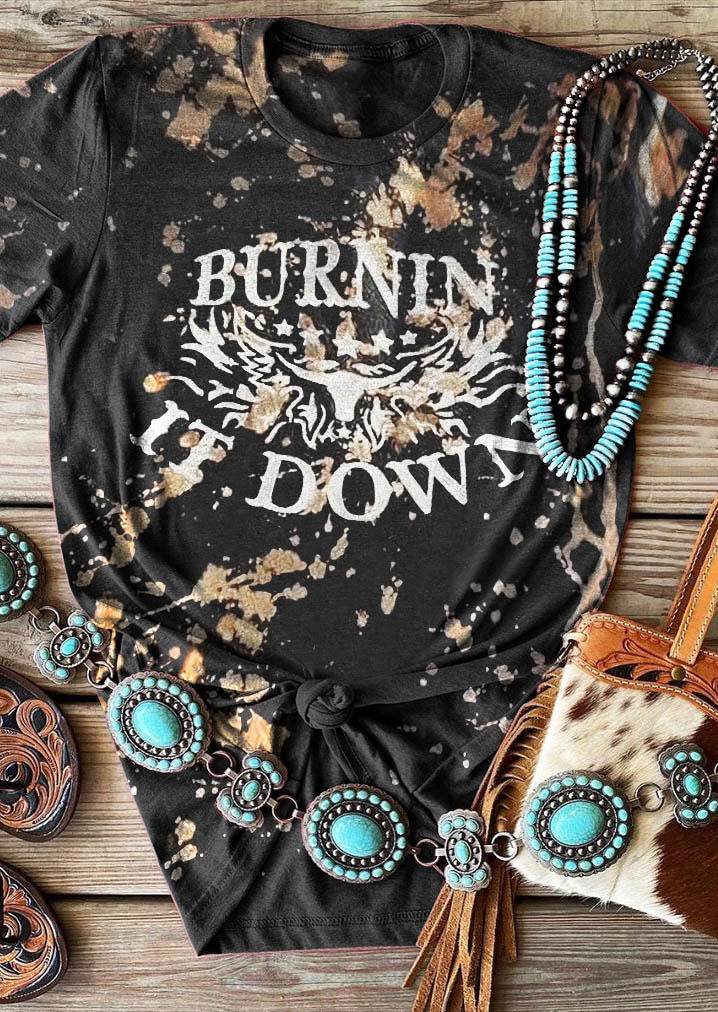 

Burnin It Down Steer Skull Bleached T-Shirt Tee - Black, SCM006290