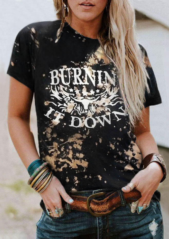 Burnin It Down Steer Skull Bleached T-Shirt Tee - Black
