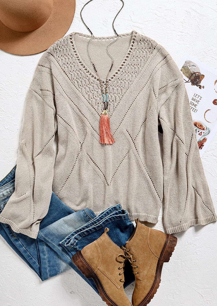 Hollow Out Long Sleeve Sweater - Apricot