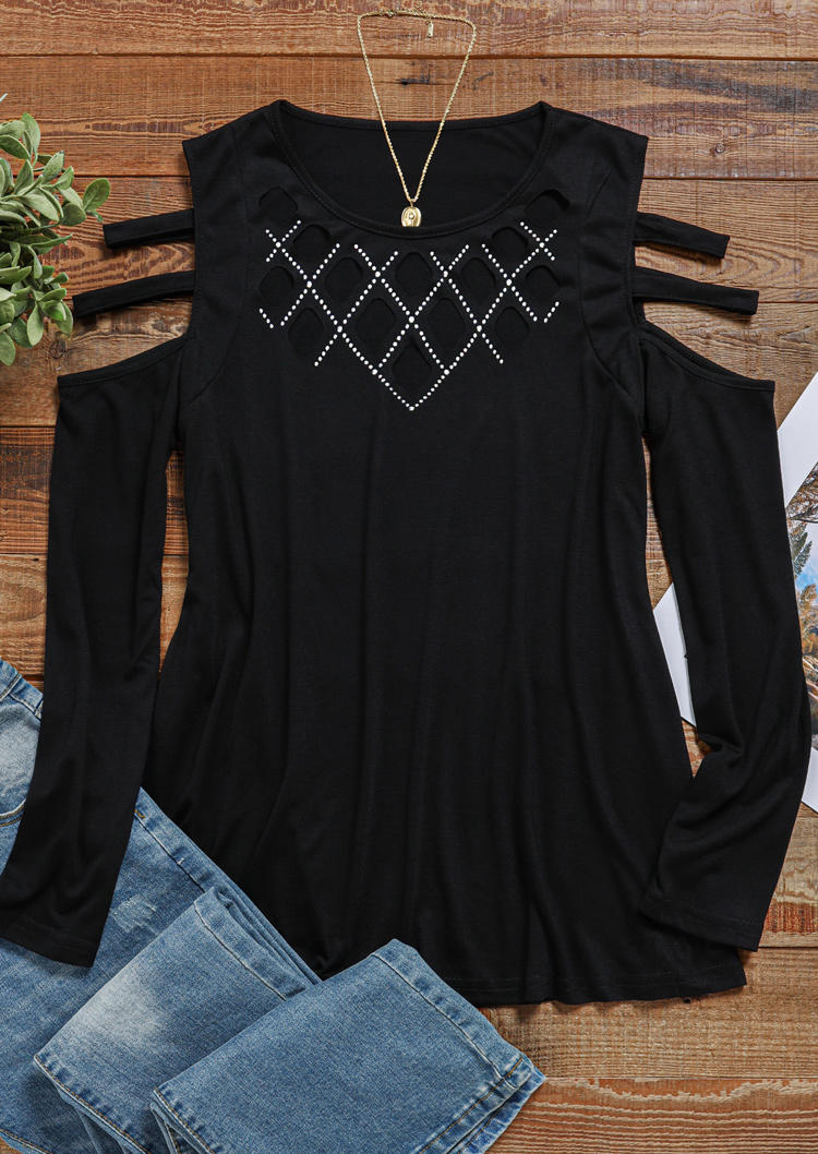 Rhinestone Hollow Out Cold Shoulder Blouse - Black