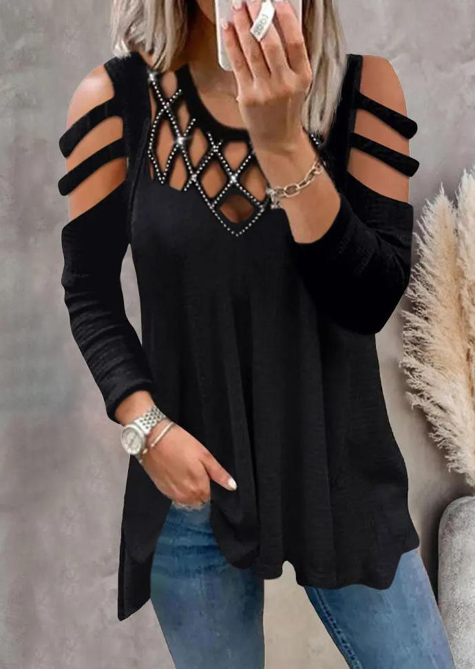 

Rhinestone Hollow Out Cold Shoulder Blouse - Black, SCM006402