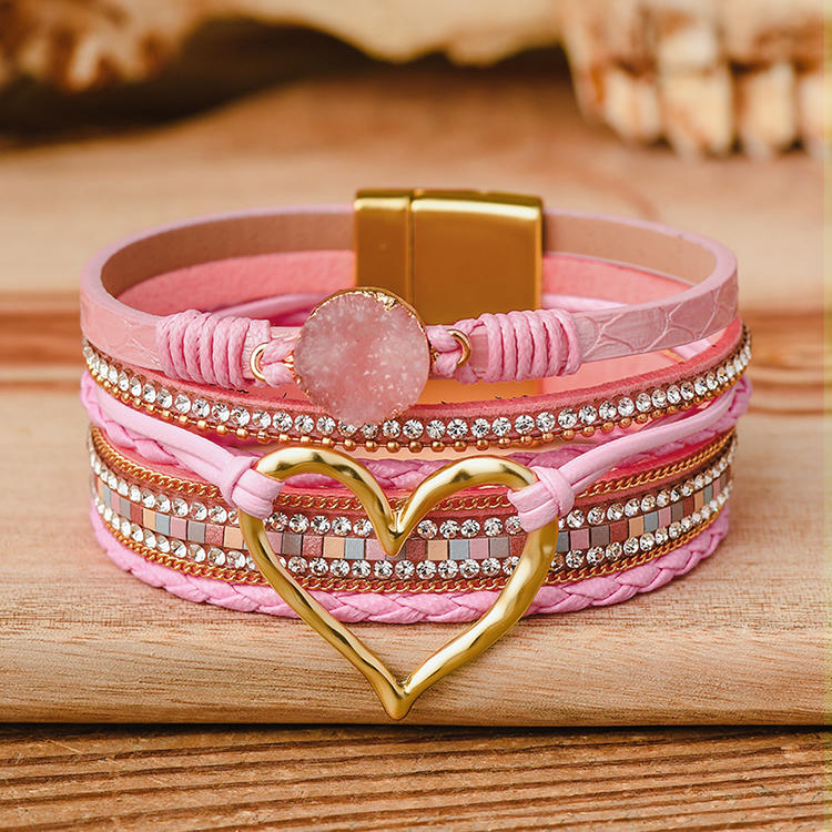 Bohemian Heart Rhinestone Magnetic Buckle Bracelet - Pink