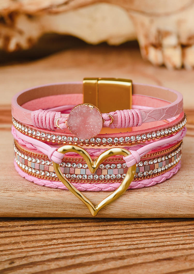 

Bohemian Heart Rhinestone Magnetic Buckle Bracelet - Pink, SCM006036