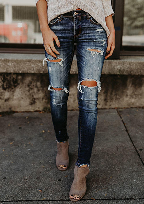 

Ripped Hole Frayed Hem Pocket Denim Pants - Blue, SCM006112