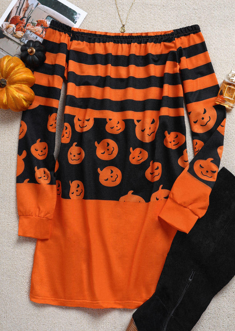 Halloween Pumpkin Face Striped Sweatshirt Mini Dress