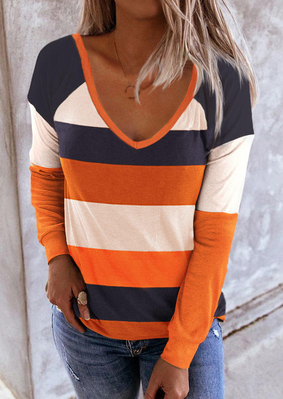 

Colorful Striped Long Sleeve V-Neck Blouse, Multicolor, SCM006164