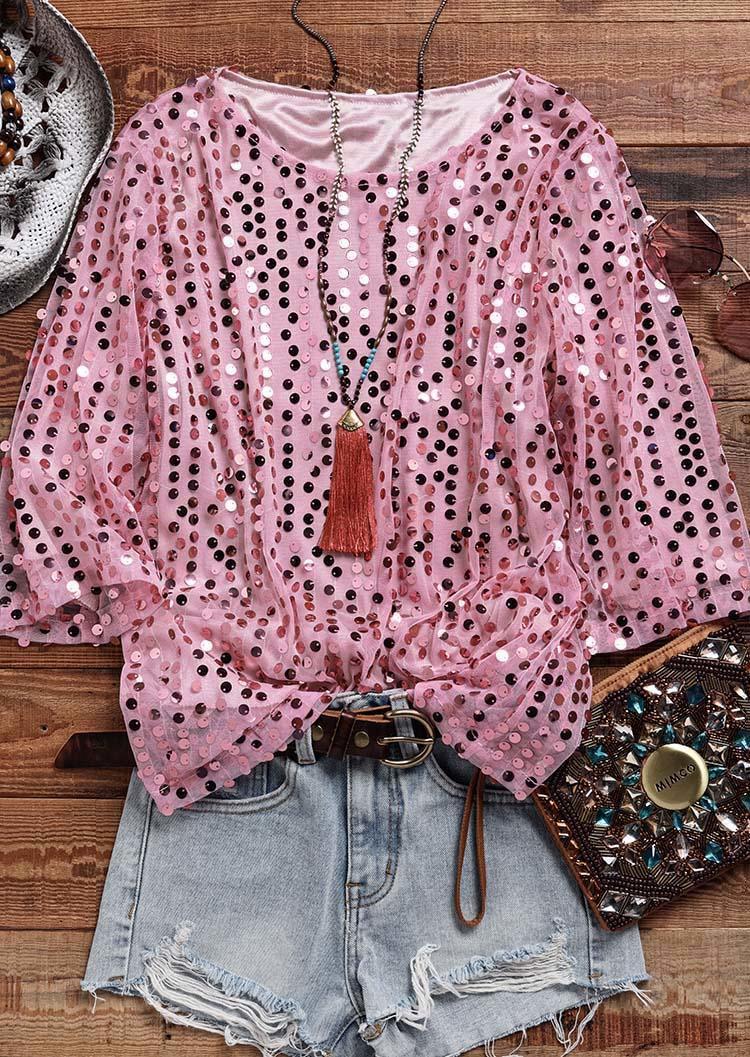 

Sequined O-Neck Half Sleeve Blouse - Pink, SCM006173