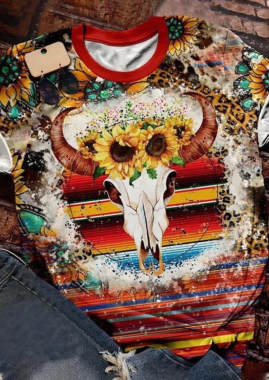 

Steer Skull Sunflower Turquoise Leopard T-Shirt Tee, Multicolor, SCM006224