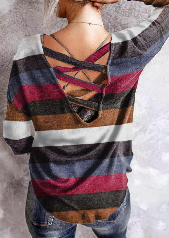 

Colorful Striped Criss-Cross Long Sleeve Blouse, Multicolor, SCM006253