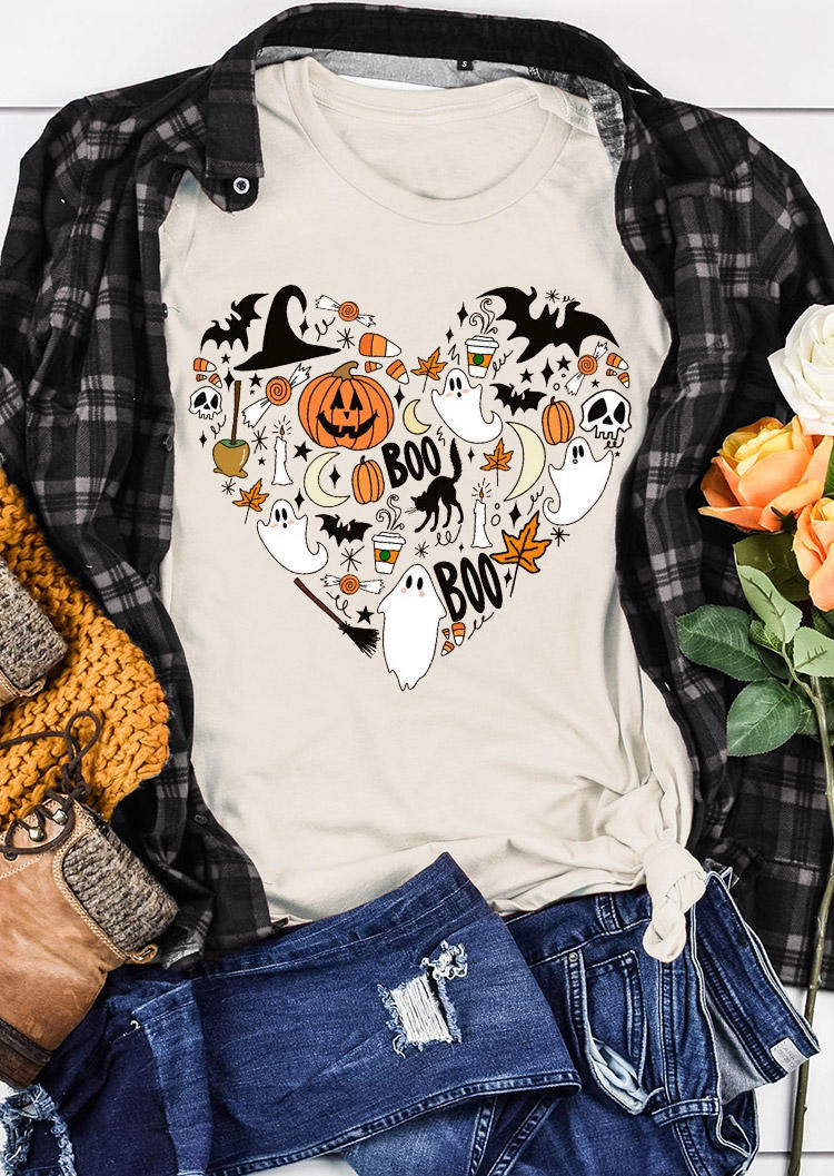 

Halloween Boo Pumpkin Face Heart Ghost Bat T-Shirt Tee - Apricot, SCM006279