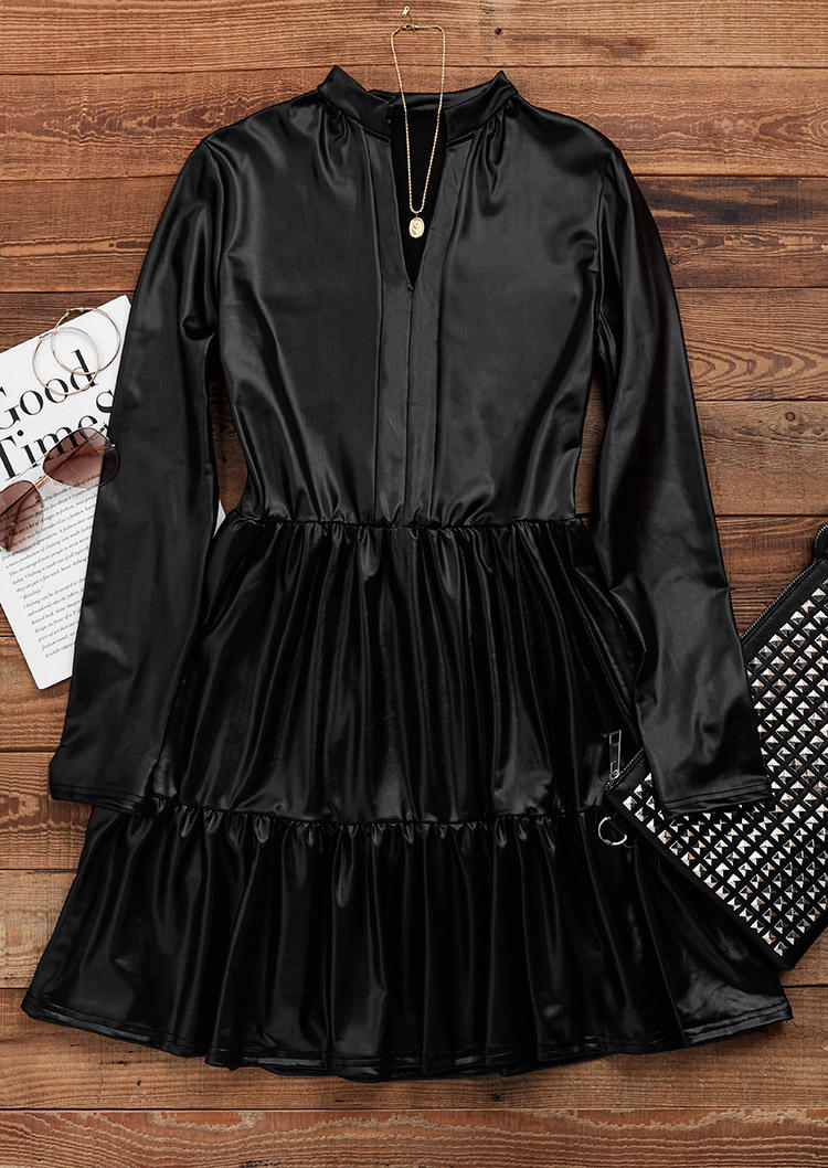 Pocket Ruffled Long Sleeve Mini Dress - Black