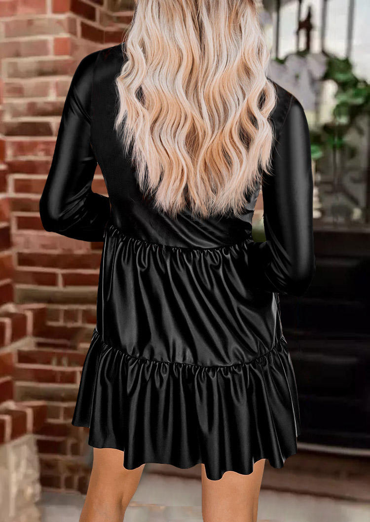 Pocket Ruffled Long Sleeve Mini Dress - Black