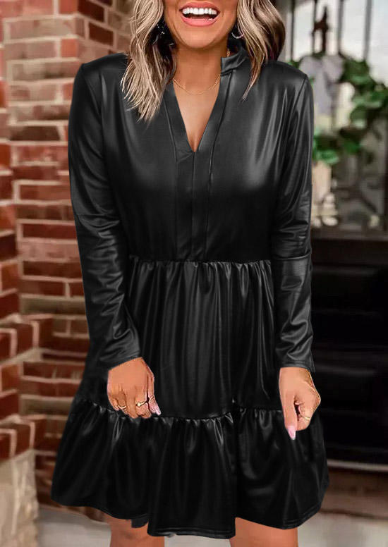 Pocket Ruffled Long Sleeve Mini Dress - Black
