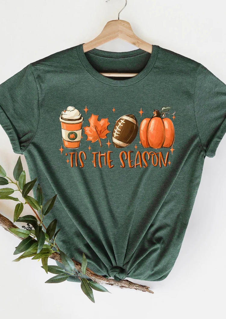 Tis The Season Pumpkin Football Maple Leaf Coffee T-Shirt Tee - Green