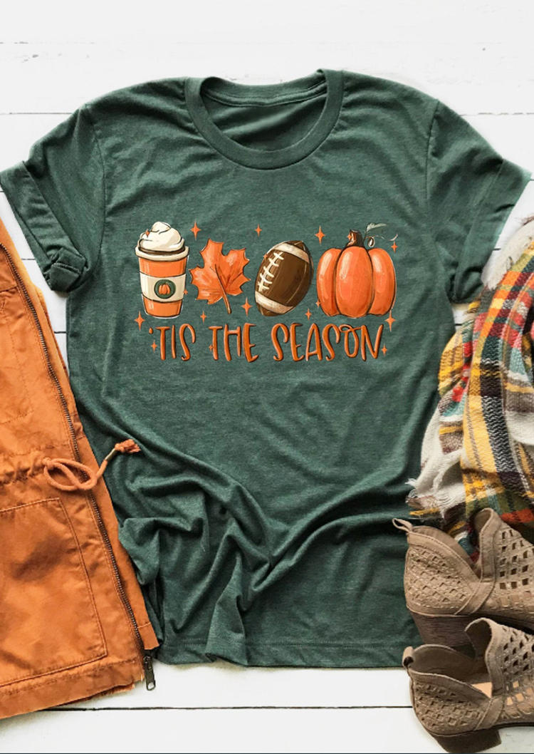 

Tis The Season Pumpkin Soccer Maple Leaf Coffee T-Shirt Tee - Green, SCM006345