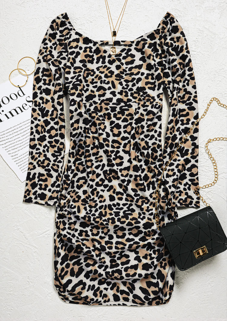 Leopard Zipper Long Sleeve Wrap V-Neck Mini Dress