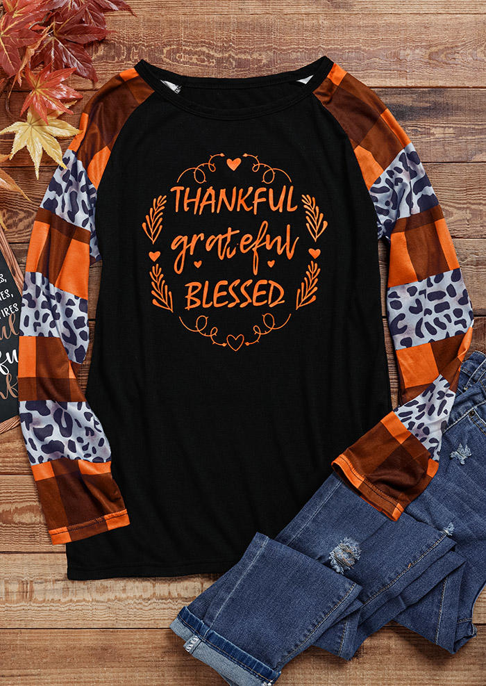 Thankful Grateful Blessed Leopard Plaid T-Shirt Tee - Black