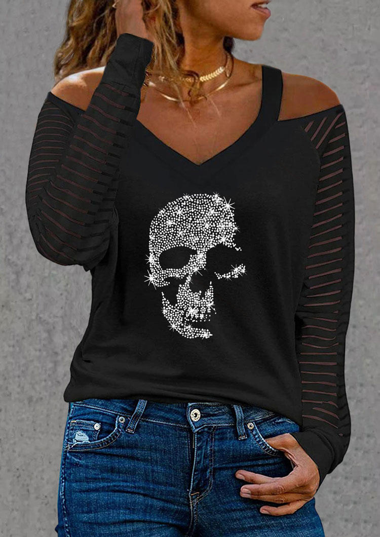 

Rhinestone Skull Cold Shoulder Blouse - Black, SCM006386