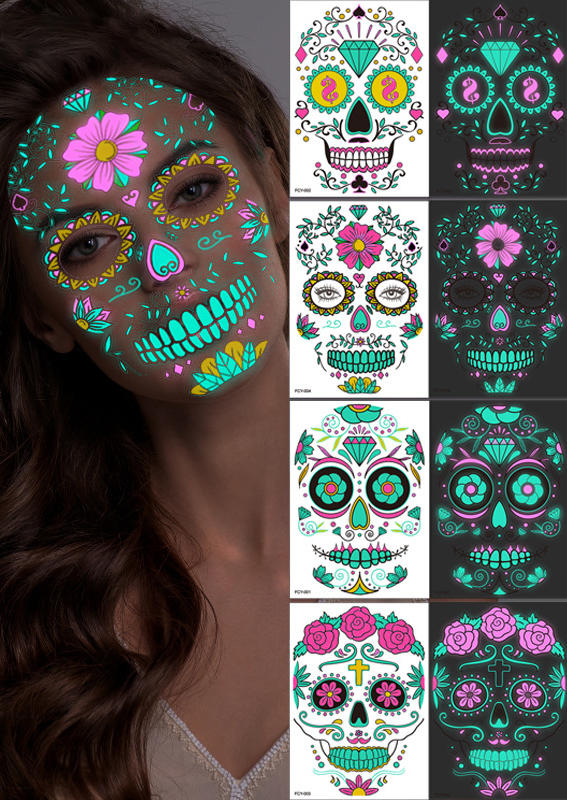 

4Pcs Halloween Skull Luminous Tattoo Sticker, Multicolor, SCM006416