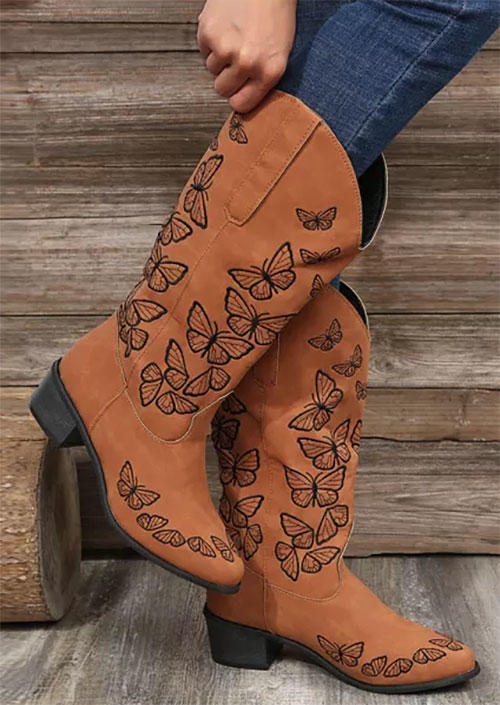 

Butterfly Embroidery Square Heeled Boots - Brown, SCM006420