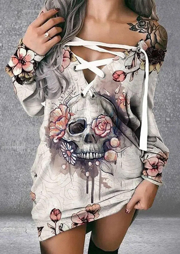

Halloween Floral Skull Lace Up Sweatshirt Mini Dress, Multicolor, SCM006444