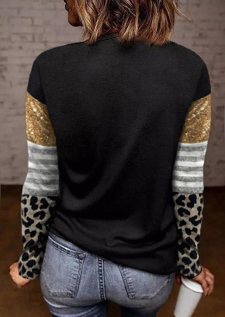 Leopard Striped Color Block Sequined Casual Blouse