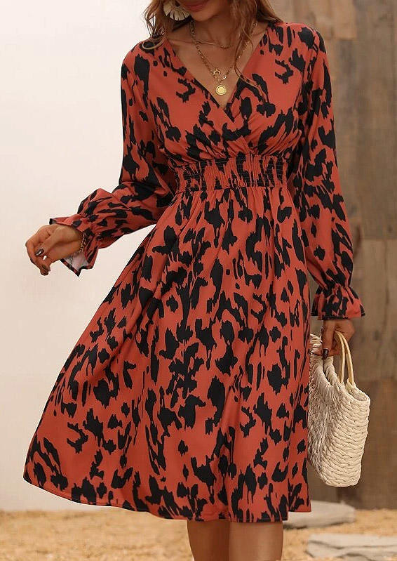 

Leopard Ruffled Long Sleeve Wrap V-Neck Midi Dress, Multicolor, SCM006518