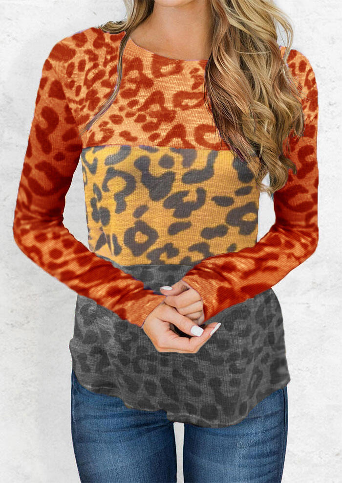 

Leopard Color Block O-Neck Blouse, Multicolor, SCM006543