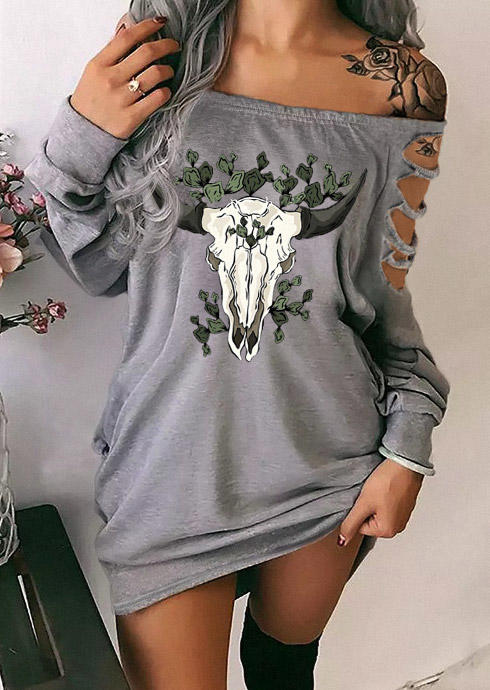 Steer Skull Hollow Out Long Sleeve Sweatshirt Mini Dress - Gray