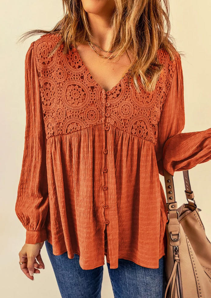 Lace Splicing Ruffled Button Long Sleeve Blouse - Orange