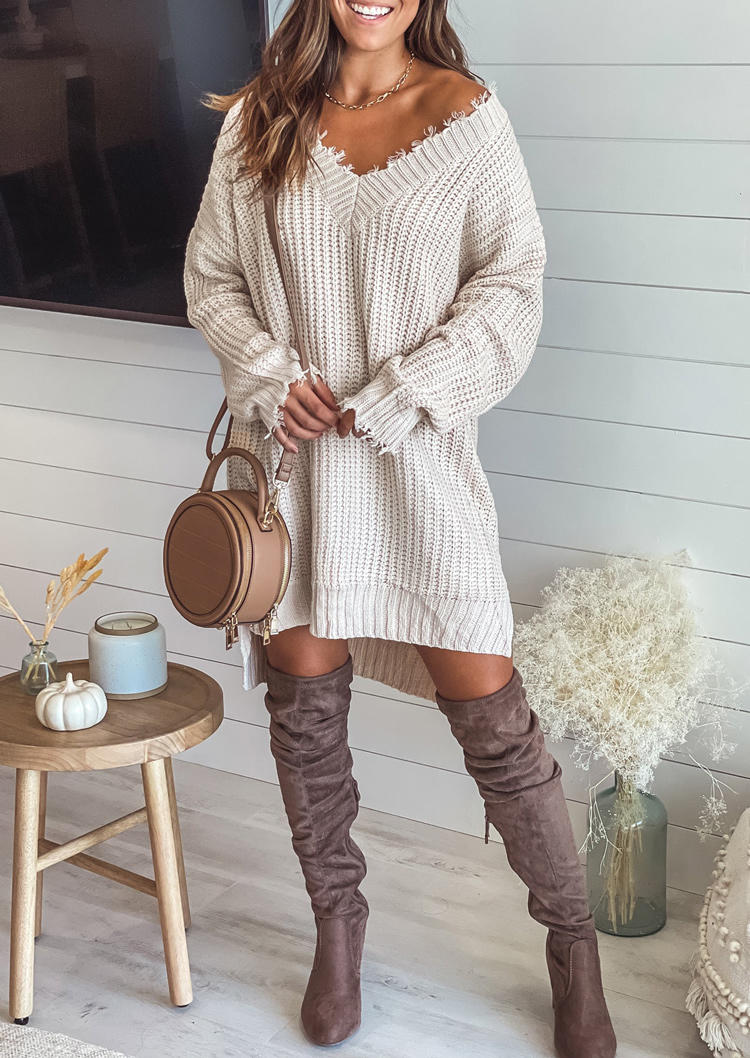 Long Sleeve V-Neck Sweater Mini Dress - White