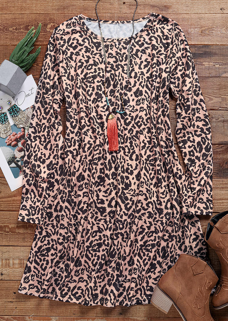 Leopard Long Sleeve O-Neck Mini Dress