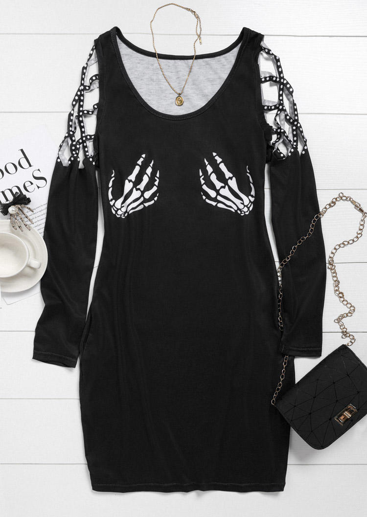 Halloween Skeleton Hand Criss-Cross Mini Dress - Black