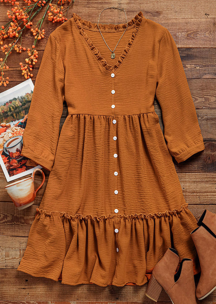 Ruffled Button Long Sleeve Mini Dress - Orange