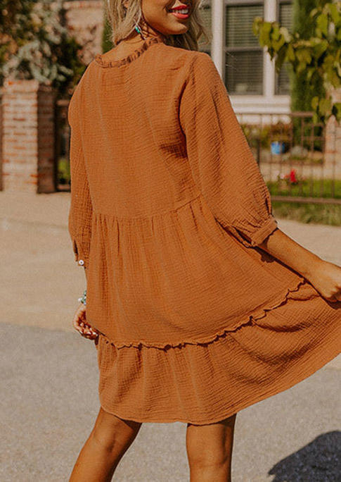 Ruffled Button Long Sleeve Mini Dress - Orange