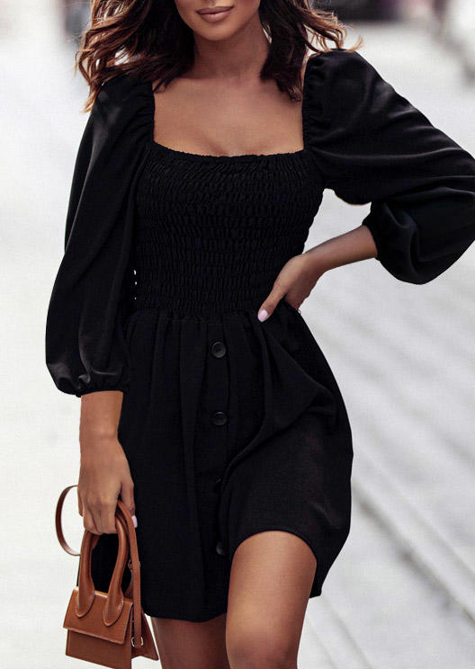 

Button Smocked Ruffled Long Sleeve Mini Dress - Black, SCM006192