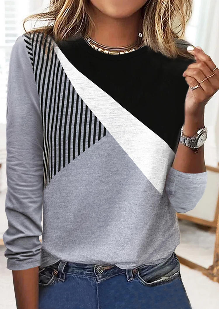 

Vertical Striped Color Block O-Neck Blouse - Gray, SCM006242