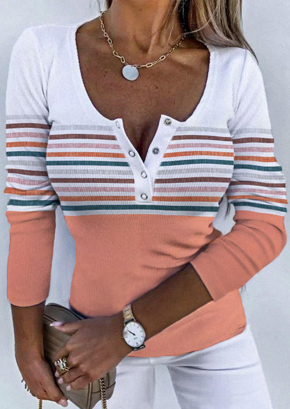 

Striped Color Block Snap Button Blouse, Multicolor, SCM006248