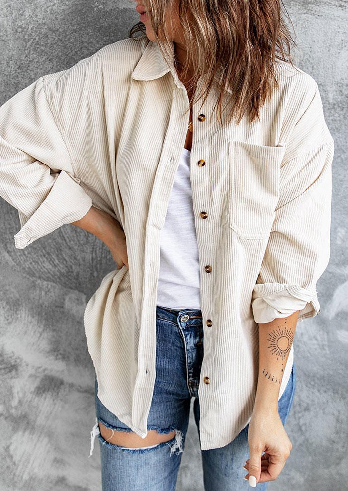 

Button Pocket Turn-down Collar Shirt Coat - Beige, White, SCM006260