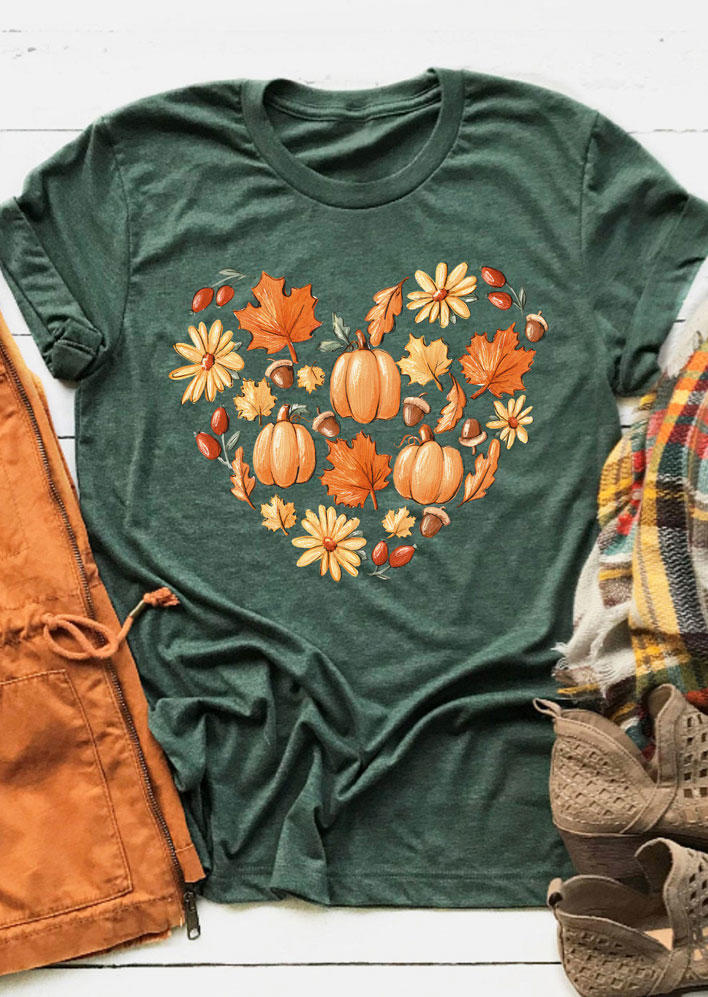 Pumpkin Maple Leaf Floral O-Neck T-Shirt Tee - Green