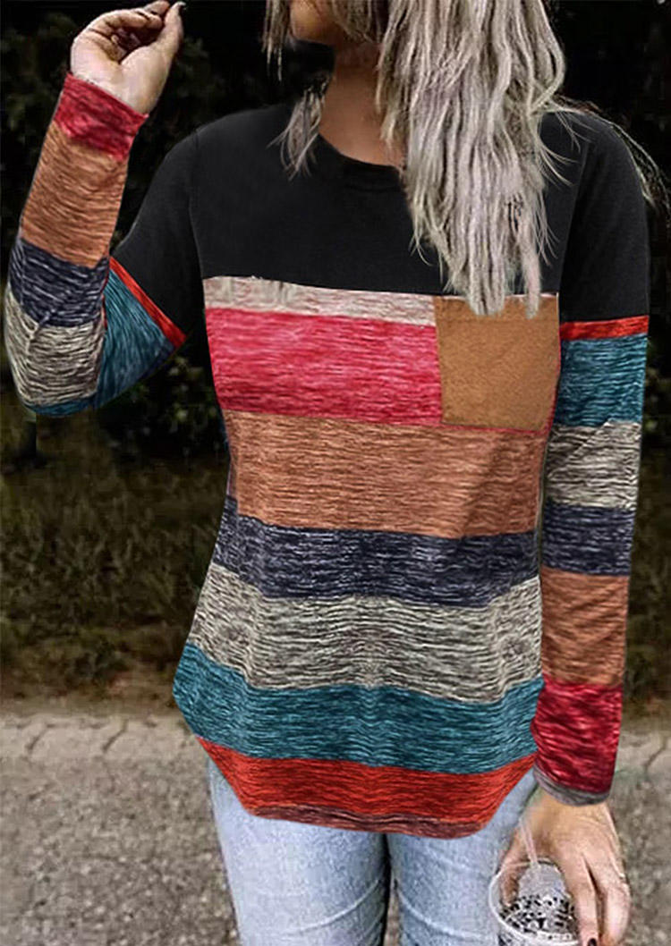 

Color Block Striped Pocket O-Neck Blouse, Multicolor, SCM006298