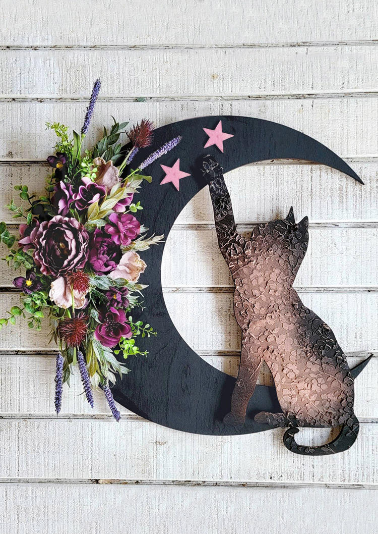 

Halloween Cat Crescent Moon Star Floral Wreath Ornament, Multicolor, SCM006334