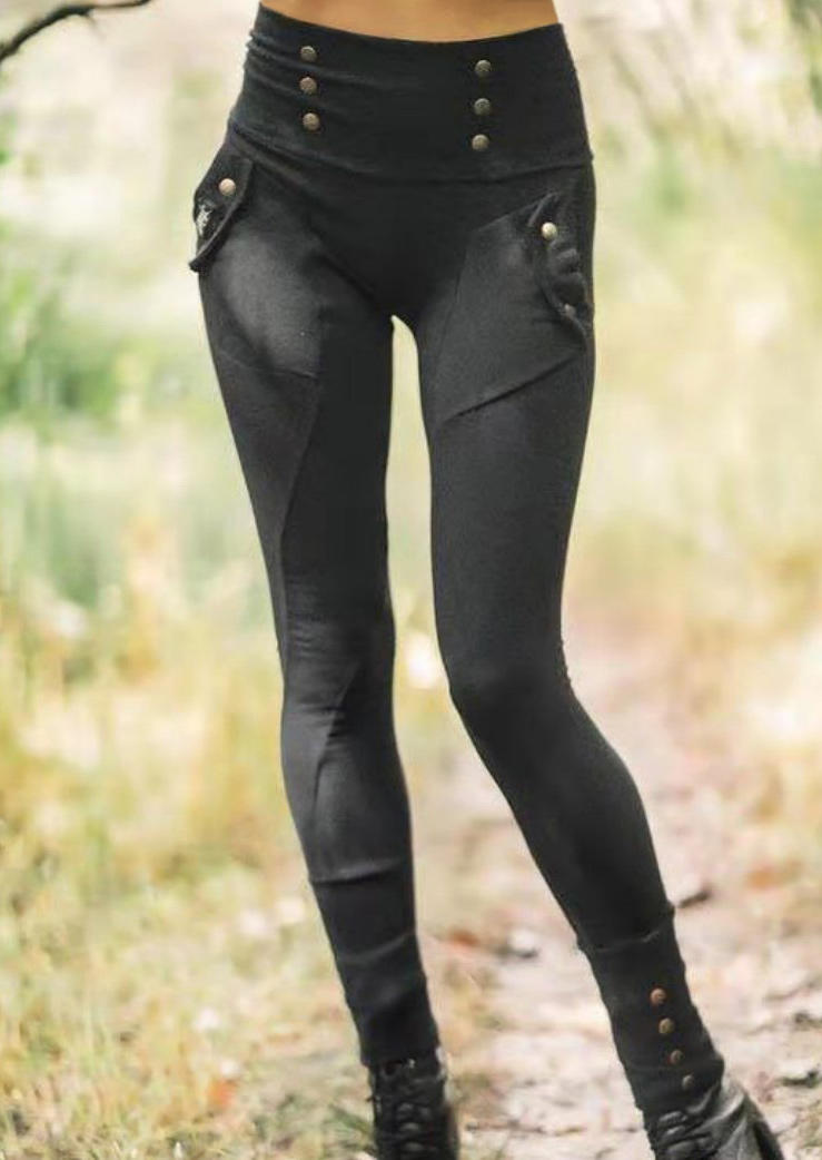 

Pocket Button High Waist Skinny Pants - Black, SCM006397