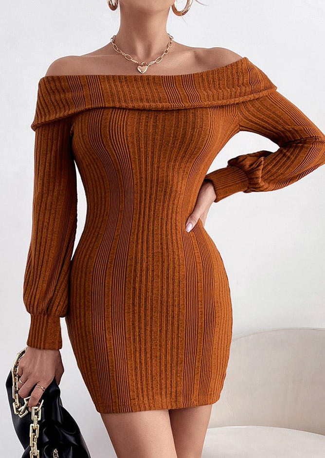 Off Shoulder Sweater Bodycon Dress - Brown